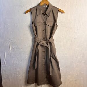 Lafayette 148 New York Belted Sleeveless Shirt Dress Button Utility Beige XS